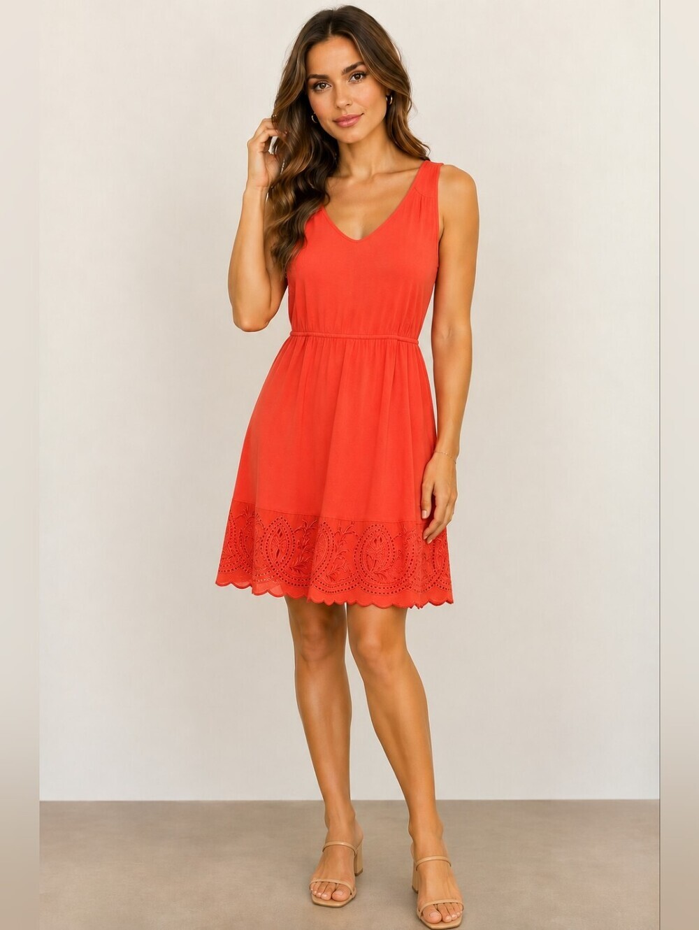 Soma Sleeveless V-Neck Dress with Eyelet Hem In Guava